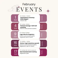 Here is the event calendar for February. It shows the variety of support I offer, from the new postnatal batch to specialized workshops like perineal massage, partner yoga for Valentine's Day, and even a session on cloth diapering.