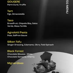 The corresponding vegetarian menu, with creative offerings such as Breadfruit Tacos, Pea and Saffron Agnolotti, and Silken Tofu.