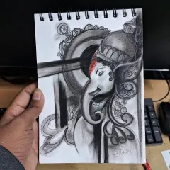 This is one of my charcoal drawings of Ganesh ji. I'm still learning and improving with charcoal, but I wanted to share my progress. It takes a lot of patience to get the shading right, but I am dedicated to getting better with every sketch.