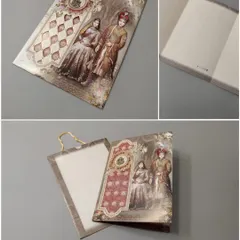 This vertical, tag-style invitation features a vintage illustration of a royal couple. The card unfolds to reveal space for your wedding details.