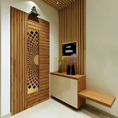 This modern foyer design uses vertical wood slats to create a textured feature wall. The unit includes a sleek console, a nameplate, and a cantilevered bench for seating, offering a practical and stylish welcome to the home.