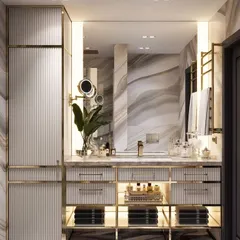 This vanity design is a masterclass in material and detail. The combination of fluted surfaces, gold metal accents, and dramatic marble creates a bathroom space that feels incredibly luxe and well-appointed.