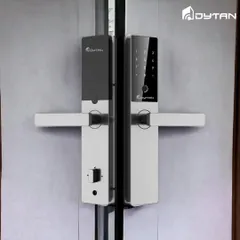 This smart lock offers multiple ways to enter, including a fingerprint sensor, a digital keypad, and a physical key override, all in a sleek, modern design.