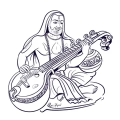 An illustration of Guru Raghavendra Swamy playing the veena. This detailed line drawing is often requested for various uses, including as a design for tattoos, showing deep devotion.