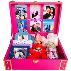 A lovely pink birthday trunk hamper, filled with scrunchies, earrings, a teddy, a message jar, and of course, a collage of 18 photos on the lid.