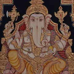 A classic portrayal of Lord Ganesha seated on a peetam (throne). The deep black background contrasts beautifully with the pure gold leaf embossing, highlighting his divine and powerful form.