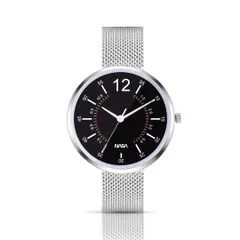 A front-on shot of a modern wristwatch with a mesh strap, perfectly centered and edited for a clean e-commerce listing.