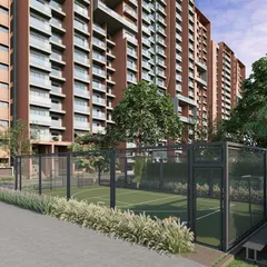 We design active zones that encourage a healthy lifestyle. This enclosed multipurpose sports court provides a dedicated space for residents to engage in physical activity, nestled within the community's green landscape.