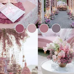 A dreamy pastel mood board showcasing a romantic theme with shades of pink, mauve, and lavender for a fairytale wedding.