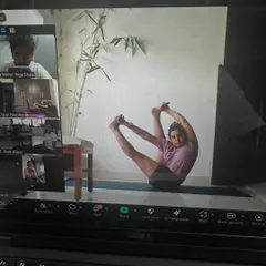 A screenshot from our 5 PM online class, focusing on hip opening variations. Even online, I can see your practice and offer guidance to help you get the most out of each pose.