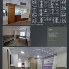 This collage displays the first-floor plan and interior views of a patient ward room at St. John's Hospital. The design prioritizes patient comfort and operational efficiency, with clean layouts, durable materials, and ample space for medical equipment and movement.