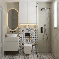 A 3D render of a bathroom with a Moroccan-inspired design. The design features intricate floral tiles on the floor and accent wall, combined with a modern wall-mounted WC and a sleek glass shower partition.