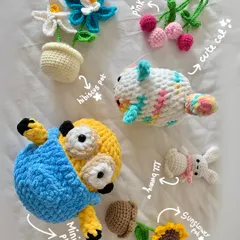Here’s a little family photo of some of my favorite custom creations. You can see a Minion plushie, tiny potted plants that never wilt, a colorful cat, a bunny keychain, and floral charms. If you can dream it, I can probably crochet it.