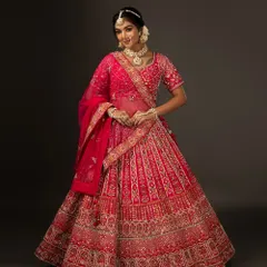 A full-length shot is crucial for fashion catalogs. Here, I've used a clean, dark backdrop to make this stunning pink bridal lehenga the absolute hero, ensuring every detail of the embroidery and the flow of the fabric is perfectly visible.