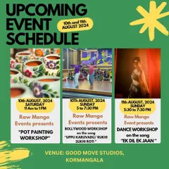 The workshop schedule for mid-August, featuring pot painting and two different dance workshops. There's always something new to learn with us.