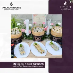 Delight your senses with our summer freshness. This setup features steamed dim sum and fresh sushi rolls, bringing the best of the season to your table.