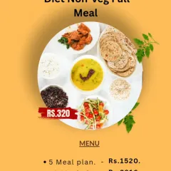 For our non-vegetarian customers, here is the menu for the Diet Non-veg Full Meal. You can see the pricing for a single meal and the cost savings available with our multi-meal subscription packages.