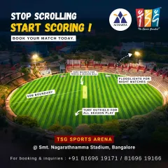 We build facilities that feel like a professional league. This is our TSG Sports Arena at Smt. Nagarathnamma Stadium in Bangalore, a full-scale cricket ground complete with a 65m boundary, turf wicket for season ball play, and powerful floodlights for night matches.