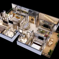 A 3D floor plan with a modern interior design scheme. The rendering details the furniture, textures, and lighting within each room from a bird's-eye perspective.