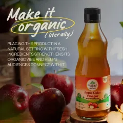 Making it literally organic for Organic India's Apple Cider Vinegar. Placing the bottle in a natural setting with fresh, dewy apples strengthens the product's organic message and helps the audience connect with its source.