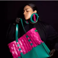 Another angle from the Chamar Studio shoot, highlighting the contrast between the vibrant accessories and the clean, polished makeup. This look demonstrates how makeup can support a brand's bold aesthetic.
