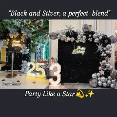 A perfect blend of dark and dazzling. This collage showcases two different glamorous setups, one with a black sequin wall and another in a beautiful cafe, both featuring marquee numbers and neon signs. It demonstrates my versatility in creating chic party atmospheres.