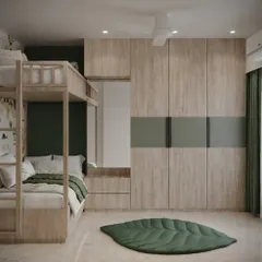 This view of the dinosaur-themed room shows the custom bunk bed and matching wardrobe. The leaf-shaped rug adds a playful touch, tying the whole nature-inspired concept together.