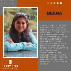 Member testimonial from Beena, who found that joining for weight loss led to a complete lifestyle change, improved confidence, and rediscovering the dancer within her.