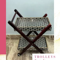 New In! A stylish wooden two-tiered trolley with printed trays, perfect for serving or as a unique decor piece.