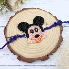 A close-up of our beaded weave Rakhi featuring Mickey Mouse, perfect for the little Disney fan in your family.