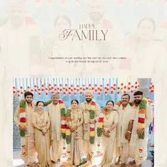 Creating coordinated looks for the entire family is one of my greatest joys. Here, you can see the bride, groom, and their loved ones all dressed in custom-designed cream and gold ensembles for a unified and beautiful family portrait.