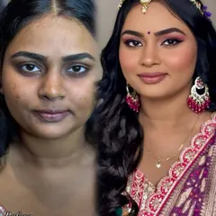 This before and after showcases the power of professional skin prep and color correction. Notice how the skin tone is evened out and the features are defined for a flawless bridal look.