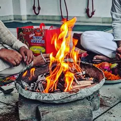 A sacred Havan (fire ceremony) being performed at our studio to mark our one-year anniversary and express gratitude to our community.