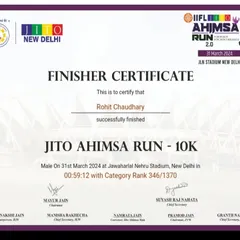 I practice what I preach. Here is my finisher certificate from the JITO Ahimsa 10k Run, where I finished in under an hour. When I create a 10k race preparation plan for you, it's based on real experience and proven methods.