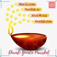 Why should hoomans have all the fun? This graphic shows the delicious contents of our Diwali Goodie Pawsket, including different cookies and treats.