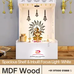 A compact and stylish MDF wood temple in white, designed with a spacious shelf and inbuilt focus lights. This piece is ideal for modern apartments, offering a dedicated spiritual corner without occupying much space.