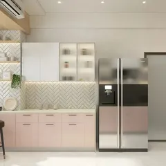 A soft and elegant kitchen design featuring pastel pink lower cabinets paired with white uppers and a white herringbone tile backsplash. This combination creates a warm, inviting, and subtly playful aesthetic.