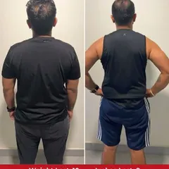 A view of Siddharth's progress from the back, showing a significant reduction in body fat and improved posture after just six weeks of dedicated strength and conditioning.