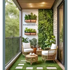 This balcony is a lush green escape, with a vertical garden wall and cane furniture. The wood-slat ceiling and artificial turf create a natural, earthy feel, making it the perfect spot for a morning coffee.