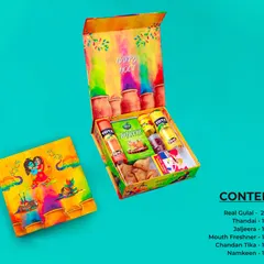 This Holi hamper is packed with traditional flavors. It includes real gulal, thandai, jaljeera, a mouth freshener, and namkeen for a complete festive experience.