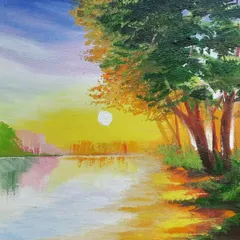 A landscape painting of a sunset over a lake, created with acrylic colors. I enjoy playing with light and reflection to create peaceful nature scenes like this.