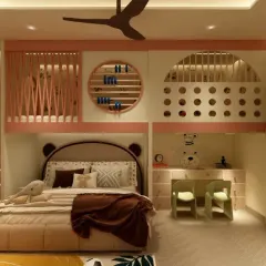 I believe kids' rooms should be magical and functional. For this shared bedroom, I designed custom bunk beds with integrated play elements, a cozy study nook, and smart storage solutions, all wrapped in a warm, playful aesthetic that sparks joy and imagination.