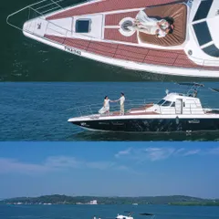A collage of aerial and wide shots of a couple on a private yacht in Goa, capturing the luxury and scale of a destination pre-wedding experience.