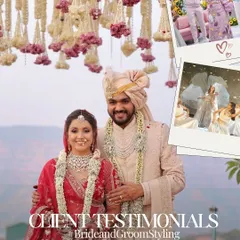 A beautiful collage capturing the wedding journey of my clients, Diksha and Harsh. From their vibrant sangeet outfits to their elegant wedding day attire, it was a joy to style them as a couple and ensure their looks were coordinated and memorable.