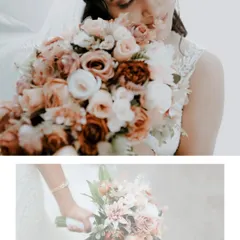 A close-up collage of a stunning cascading bridal bouquet, filled with a mix of roses in soft, romantic hues.