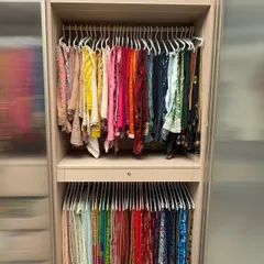 A full view of the organized saree collection from the previous image. By hanging them this way, the client can easily see the colors and fabrics of each piece, making it a pleasure to choose one for an event.