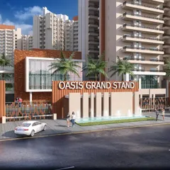 The entrance gate for the 'Oasis Grand Stand' housing project. The design incorporates a modern water feature and clean architectural lines, setting a contemporary tone for the entire community.