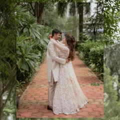 A beautiful, wide shot of the couple embracing on a park pathway. The natural frame created by the trees adds depth and romance to this classic pre-wedding portrait.