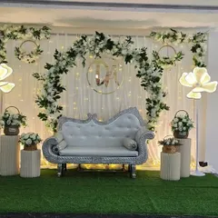 The full view of the pristine white-themed engagement setup, perfect for timeless and classic celebrations.