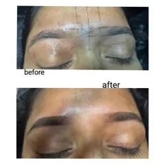 A clear example of the results our students learn to create. This before and after showcases a brow transformation, with the 'after' image showing perfectly shaped, filled, and defined brows. This is the level of artistry we teach in our permanent makeup courses.